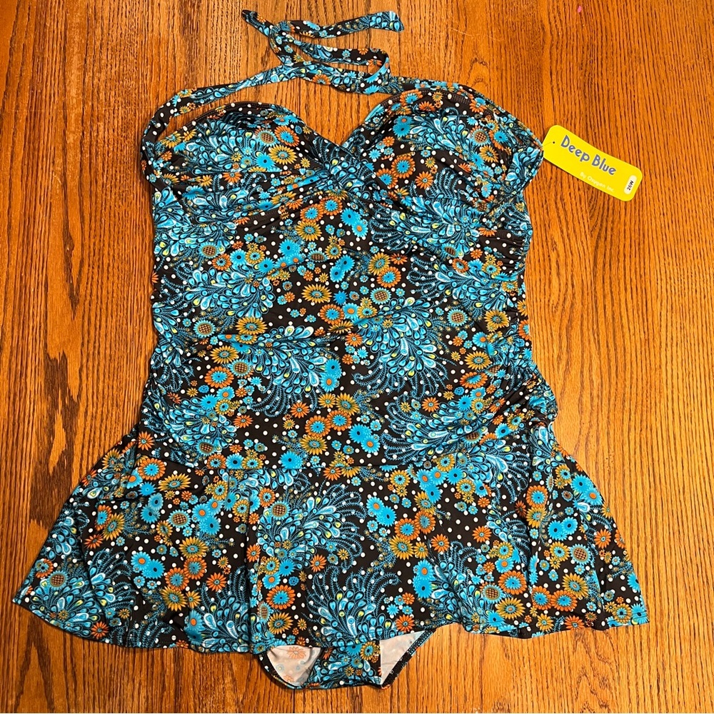 Deep Blue Women’s Plus Size 26W Swimdress One Piece Halter Bathing Suit NWT